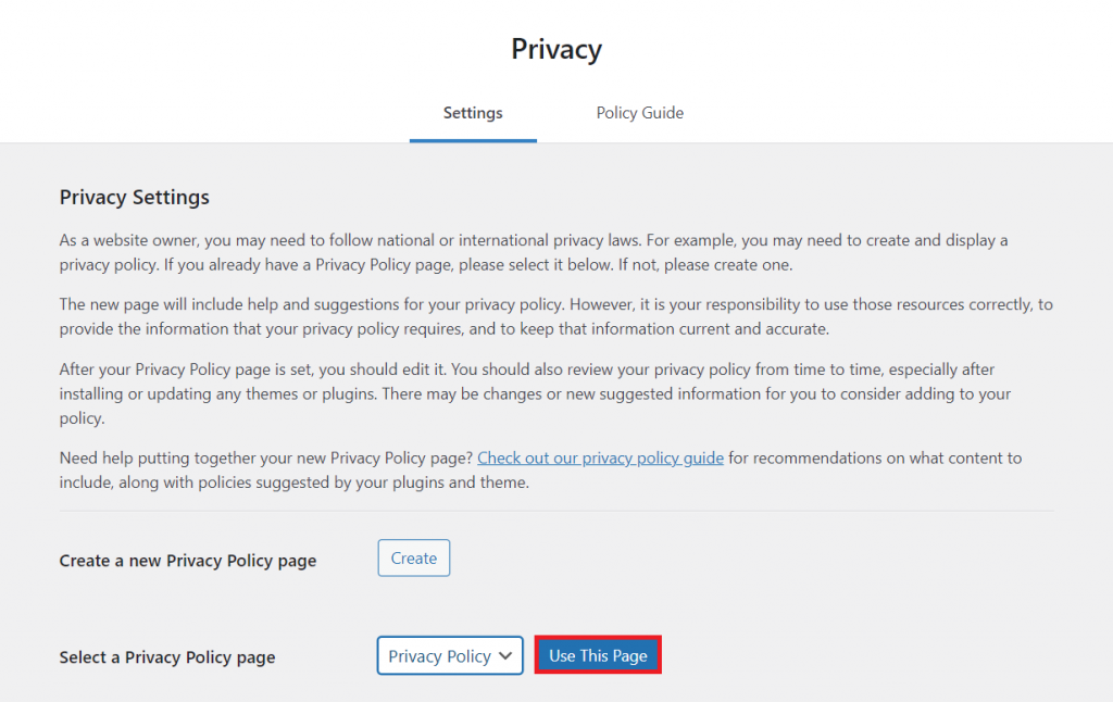 Selecting the new page as the official privacy policy page