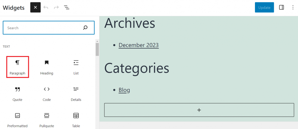 Dragging the Paragraph block to the Footer area on the Widgets menu