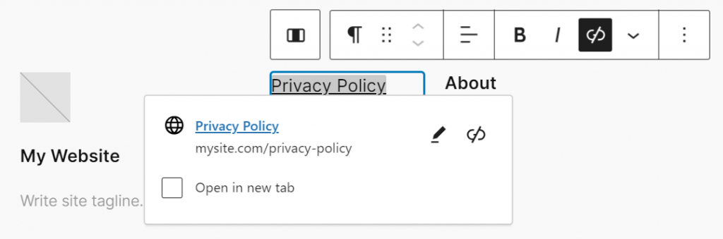 Creating a new link for the privacy policy page using the Paragraph block