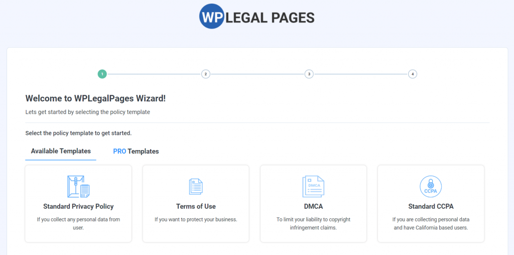 Choosing a privacy policy template in WPLegalPages