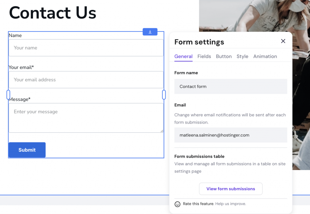 Contact form settings expanded