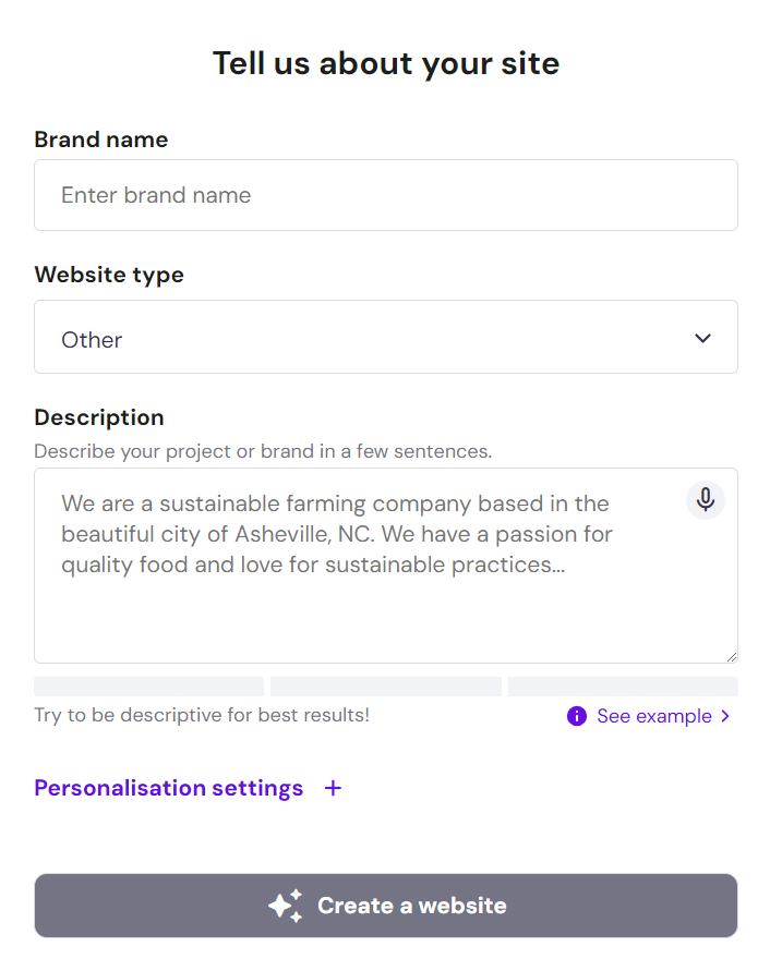 The onboarding form for Hostinger's website creator through the AI flow