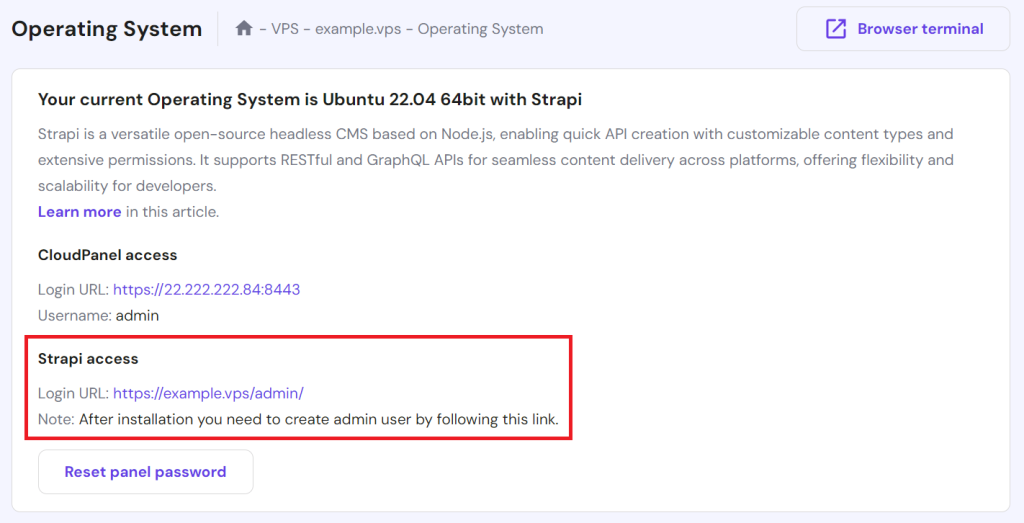 Strapi access login information displayed on the Operating System page in hPanel's VPS dashboard