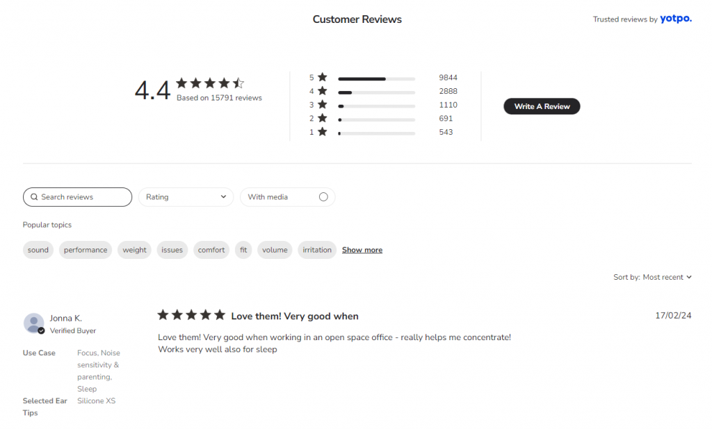 Customer reviews on Loop Earplugs' product page