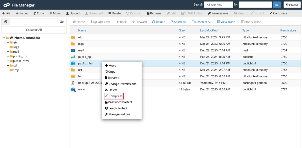 cPanel file manager highlighting compress option for public_html folder