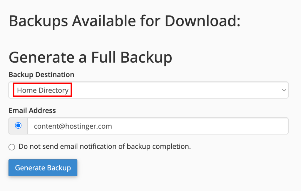 cPanel full backup destination highlighting home directory