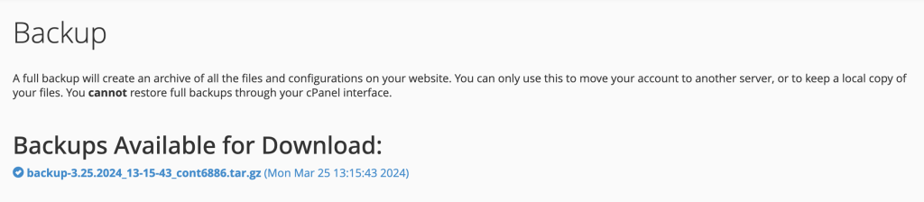 cPanel full backup latest backup data