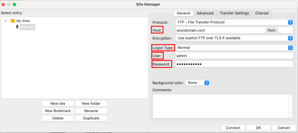 FileZilla new site setup options