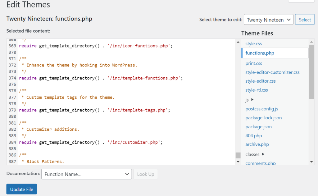 functions.php content in WordPress Theme File Editor