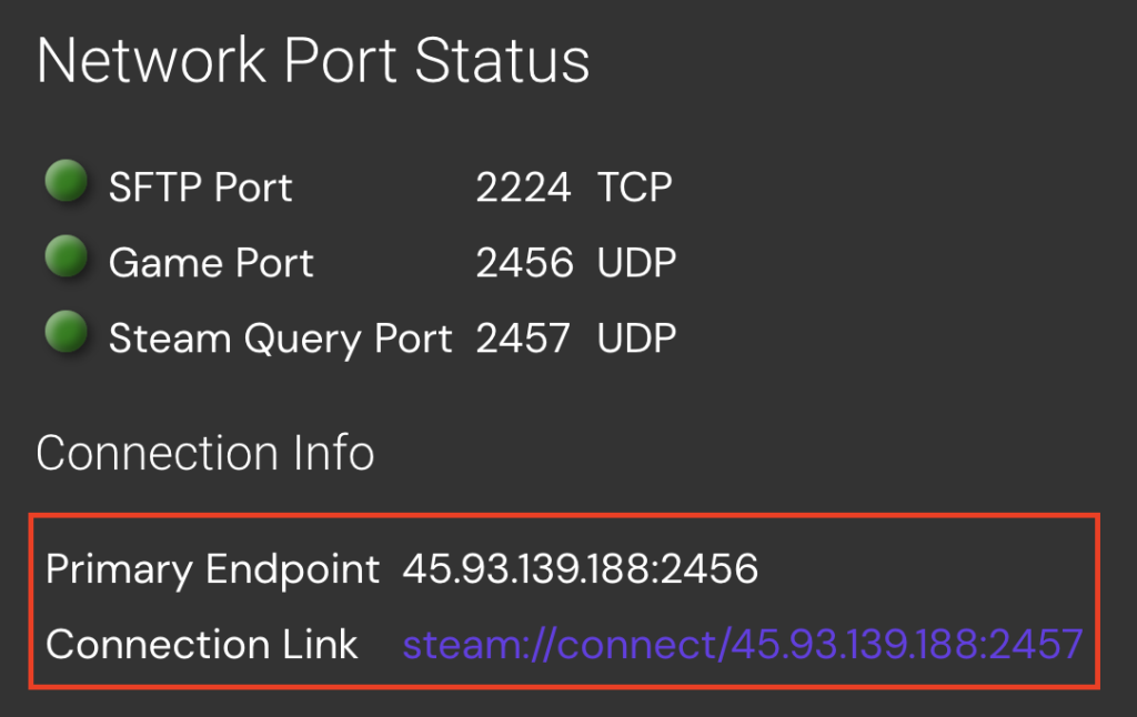 The new Game Panel instance's Connection Info section under "Network Port Status"