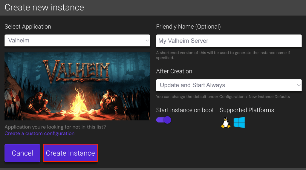 The "Create new instance" window in the Game Panel
