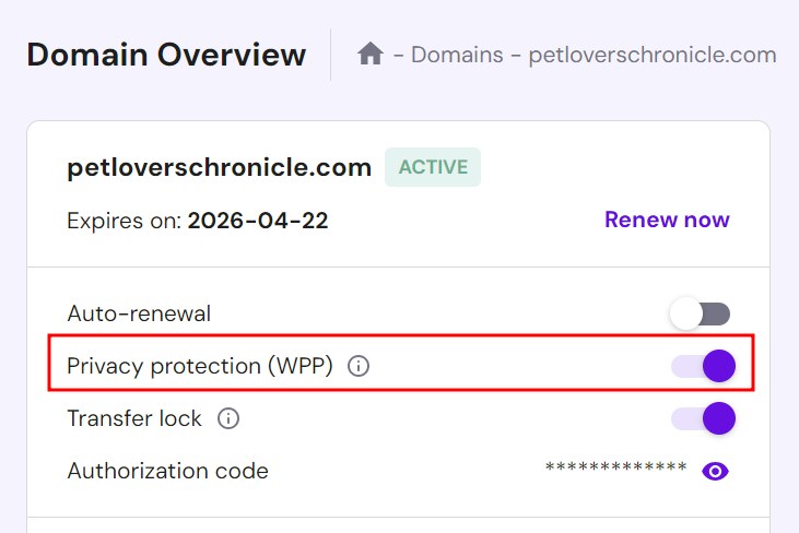 Domain privacy protection in hPanel