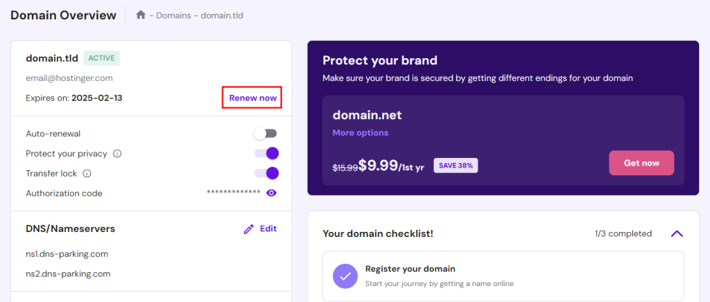 Domain Overview section, highlighting the option to renew a domain