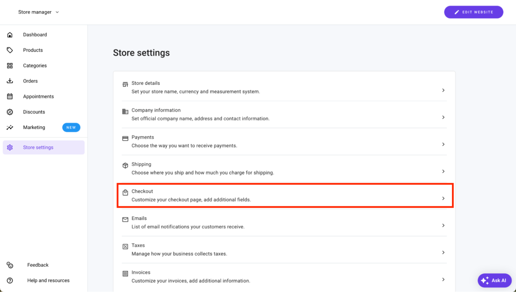 Checkout section highlighted in the store settings