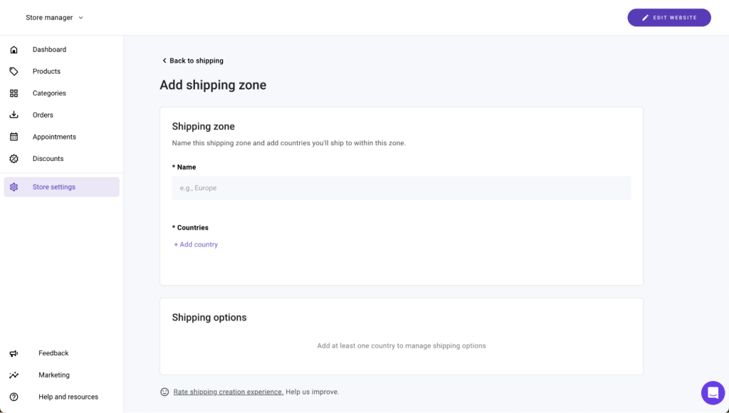 Add shipping zone page