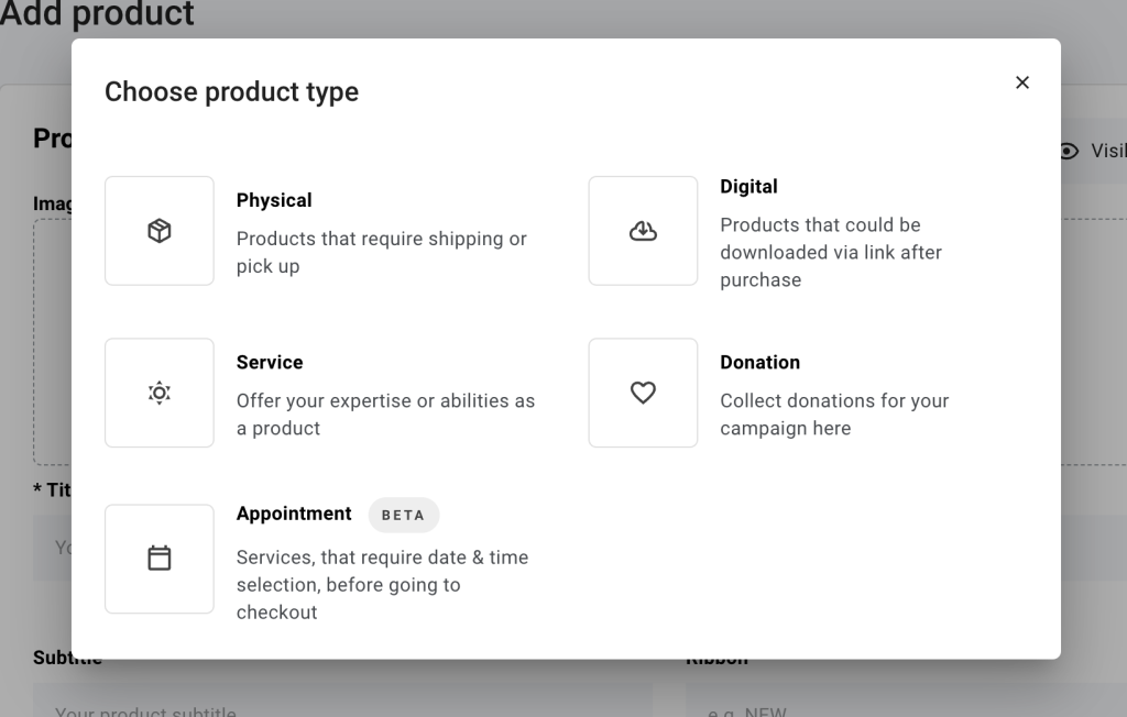 Choose product type popup