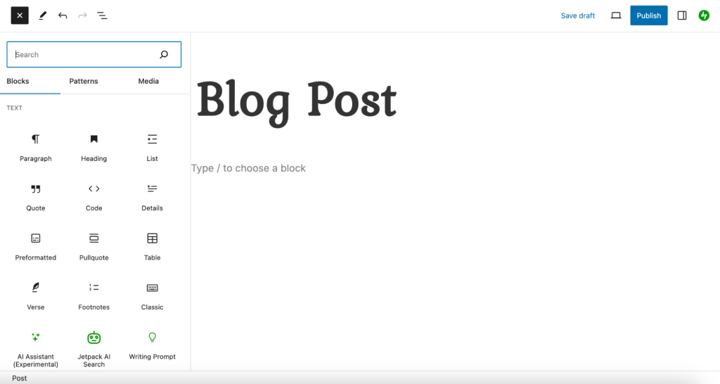 Creating a blog post in WordPress, with a list of blocks to build engaging content