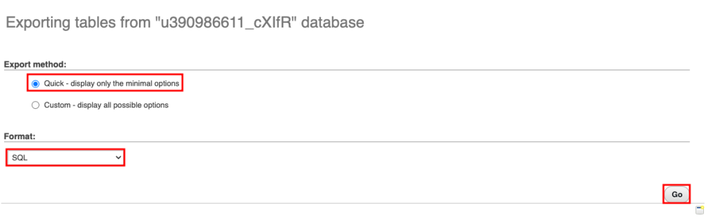 phpMyAdmin export methods