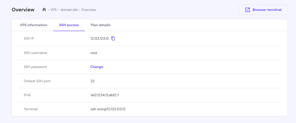 SSH access tab in hPanel's VPS overview