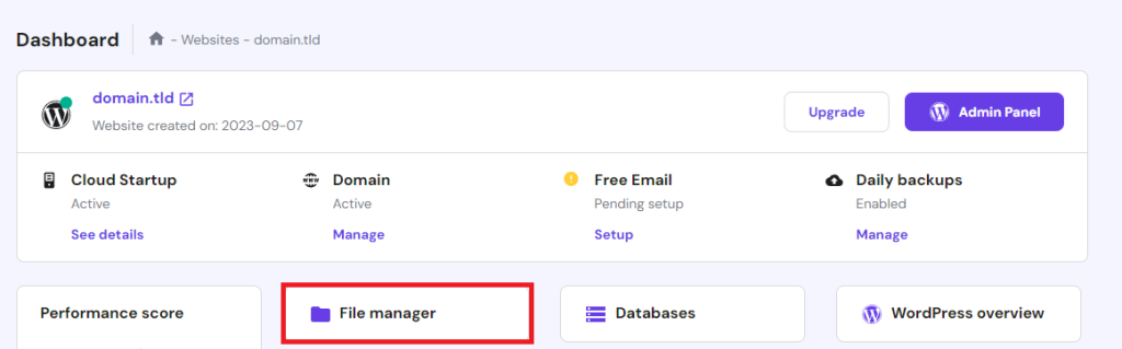 The File Manager access button in hPanel