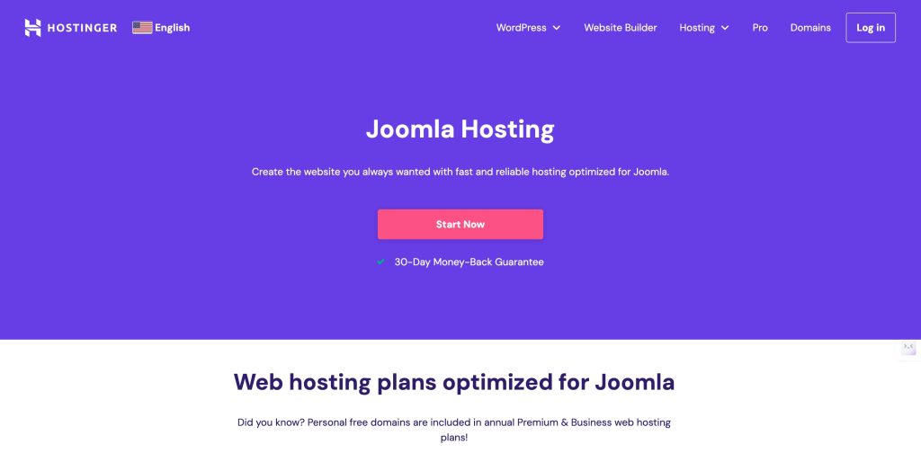 Hostinger's web hosting plans optimized for Joomla
