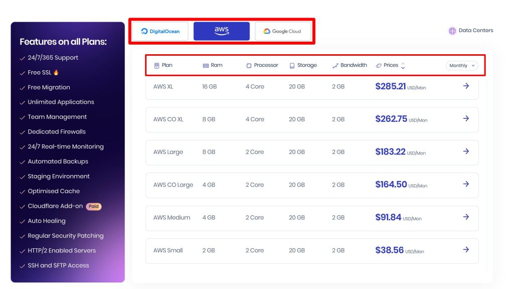 Cloudways Joomla hosting pricing plans with multiple filters to customize your plan.