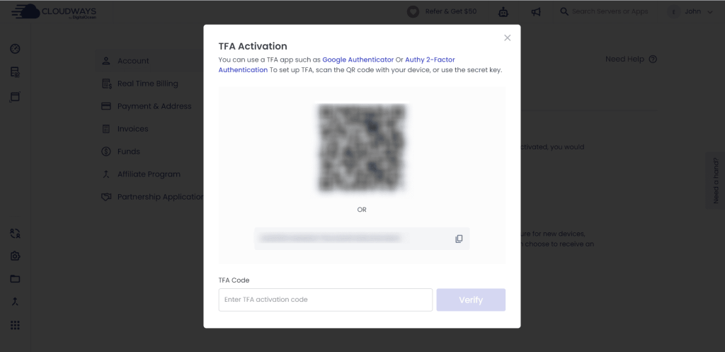 Cloudways two-factor authentication window.