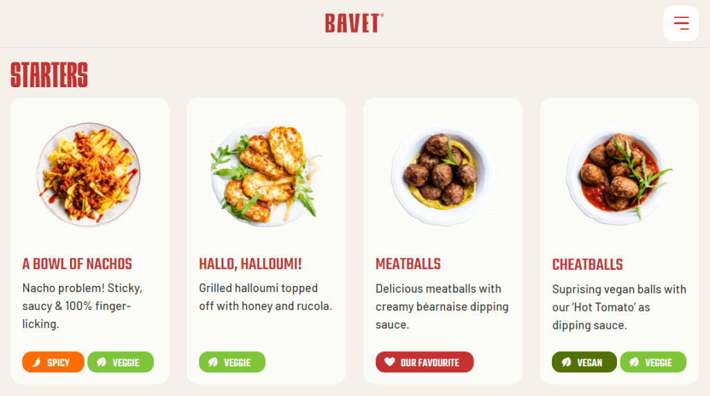 Bavet includes senses in its menu item descriptions