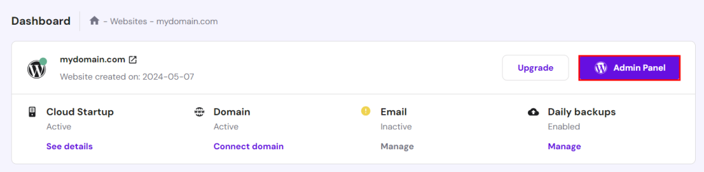 Hostinger's hPanel dashboard, highlighting the option to access WordPress admin dashboard