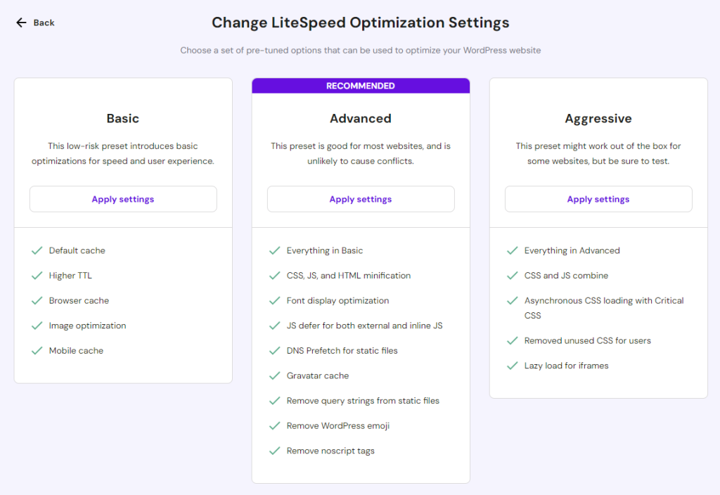 LiteSpeed optimization profiles in Hostinger