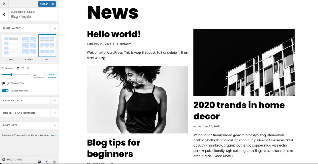 Masonry blog layout, one of blog layouts available in Neve's customizer