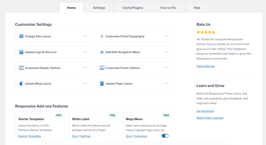 Responsive's theme dashboard