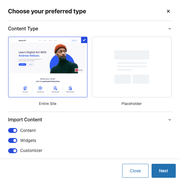 The interface of Sydney's template import during the theme's onboarding process