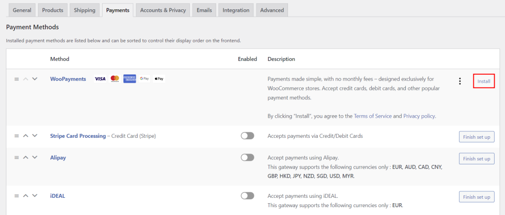 WooCommerce payment methods, highlighting the button to install WooPayments