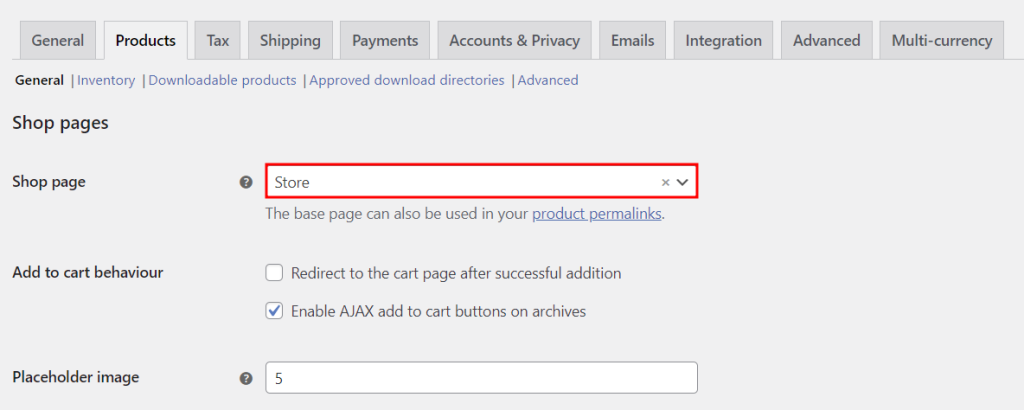 WooCommerce products subtab, highlighting the drop-down menu to modify the shop page