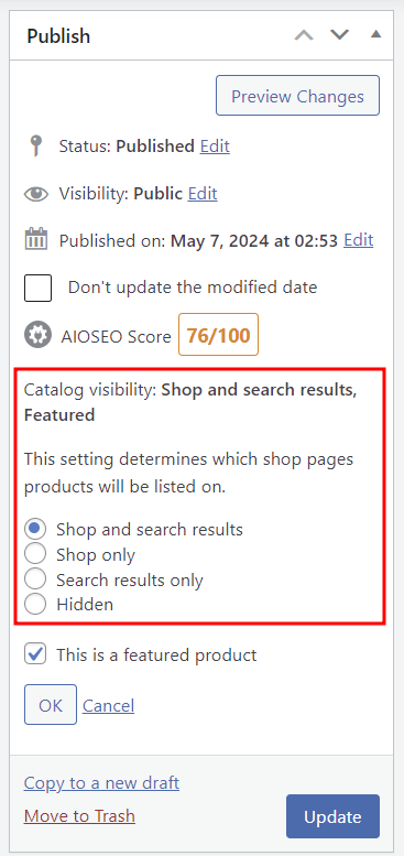 WooCommerce product page, highlighting the catalog visibility setting