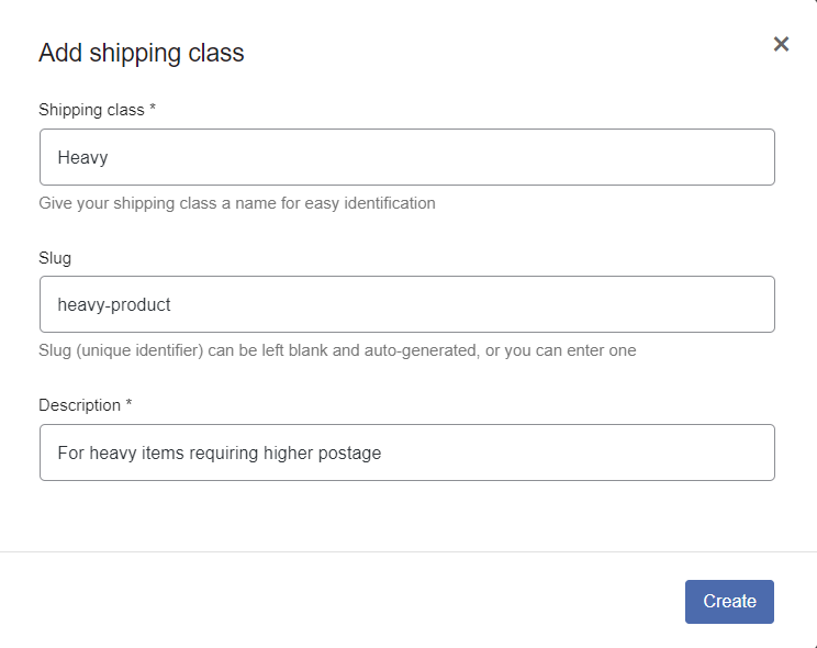 WooCommerce shipping class creation form