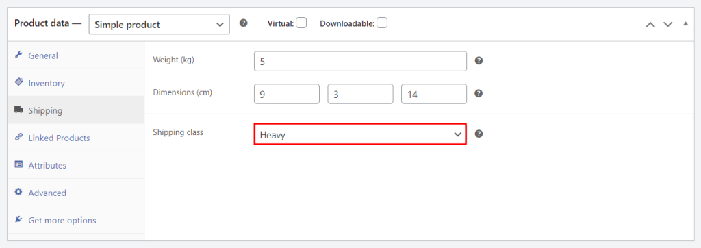 WooCommerce product details page, highlighting the drop-down menu to assign a shipping class