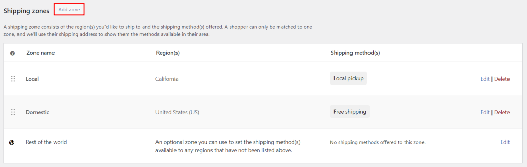 WooCommerce shipping zones, highlighting the button to add a new zone