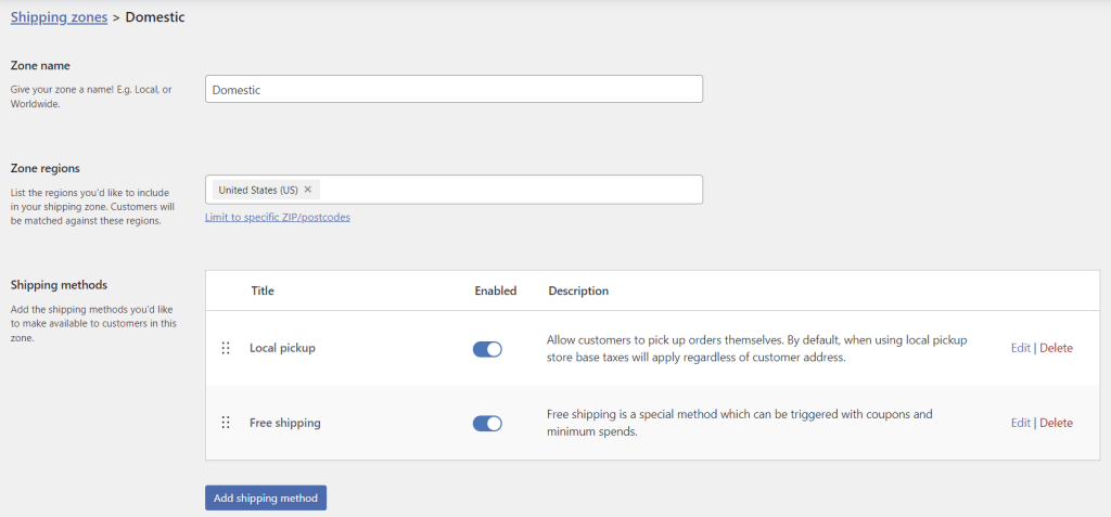 WooCommerce shipping zones, highlighting the button to add a new zone