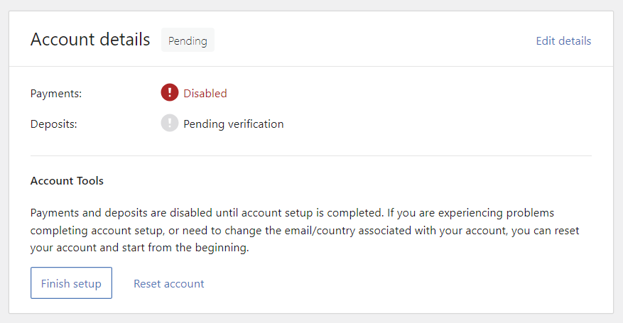 WooPayments account details with a pending status
