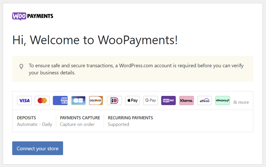 The start of WooPayments setup wizard