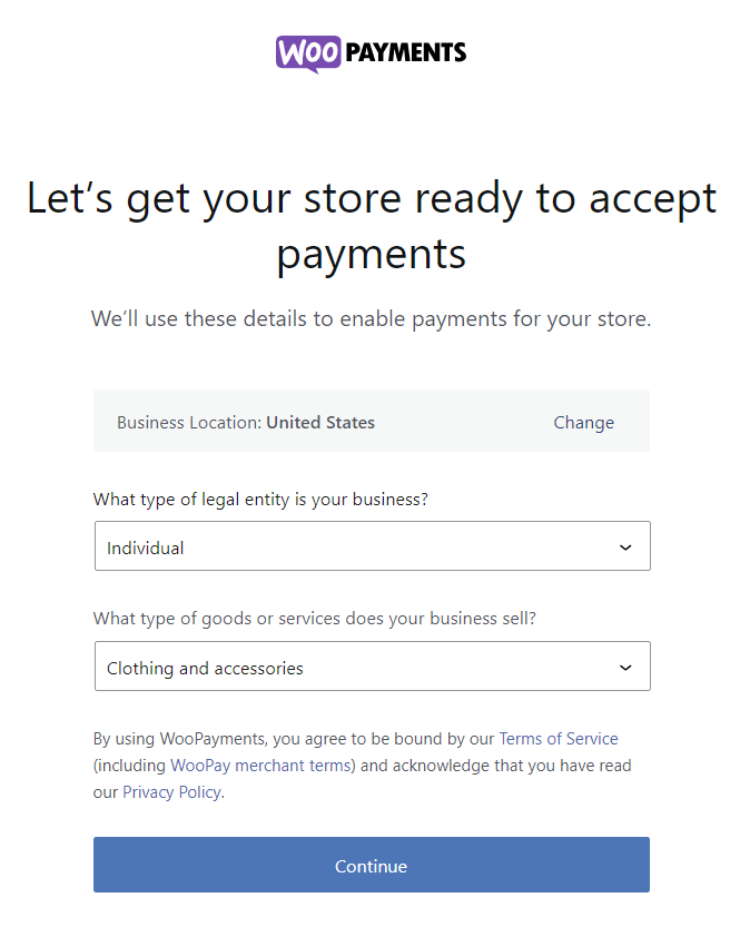 WooPayments setup wizard showing a form to input business details