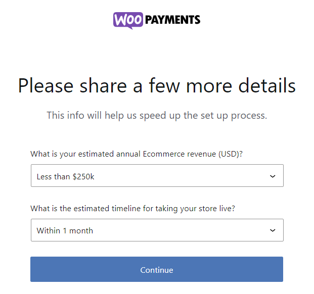 WooPayments setup wizard showing a form to input projected annual income and store launch timeline