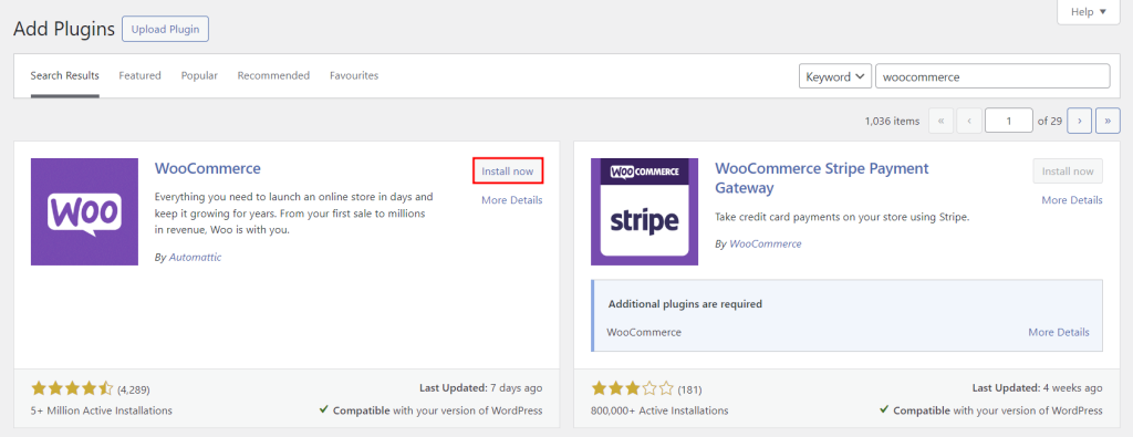 WordPress plugin directory, highlighting the button to install WooCommerce